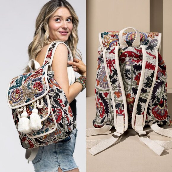 Ruggine Handbags - Handmade Boho Chic Backpack - Charming Jacquard Flower Pattern - Fine Cotton